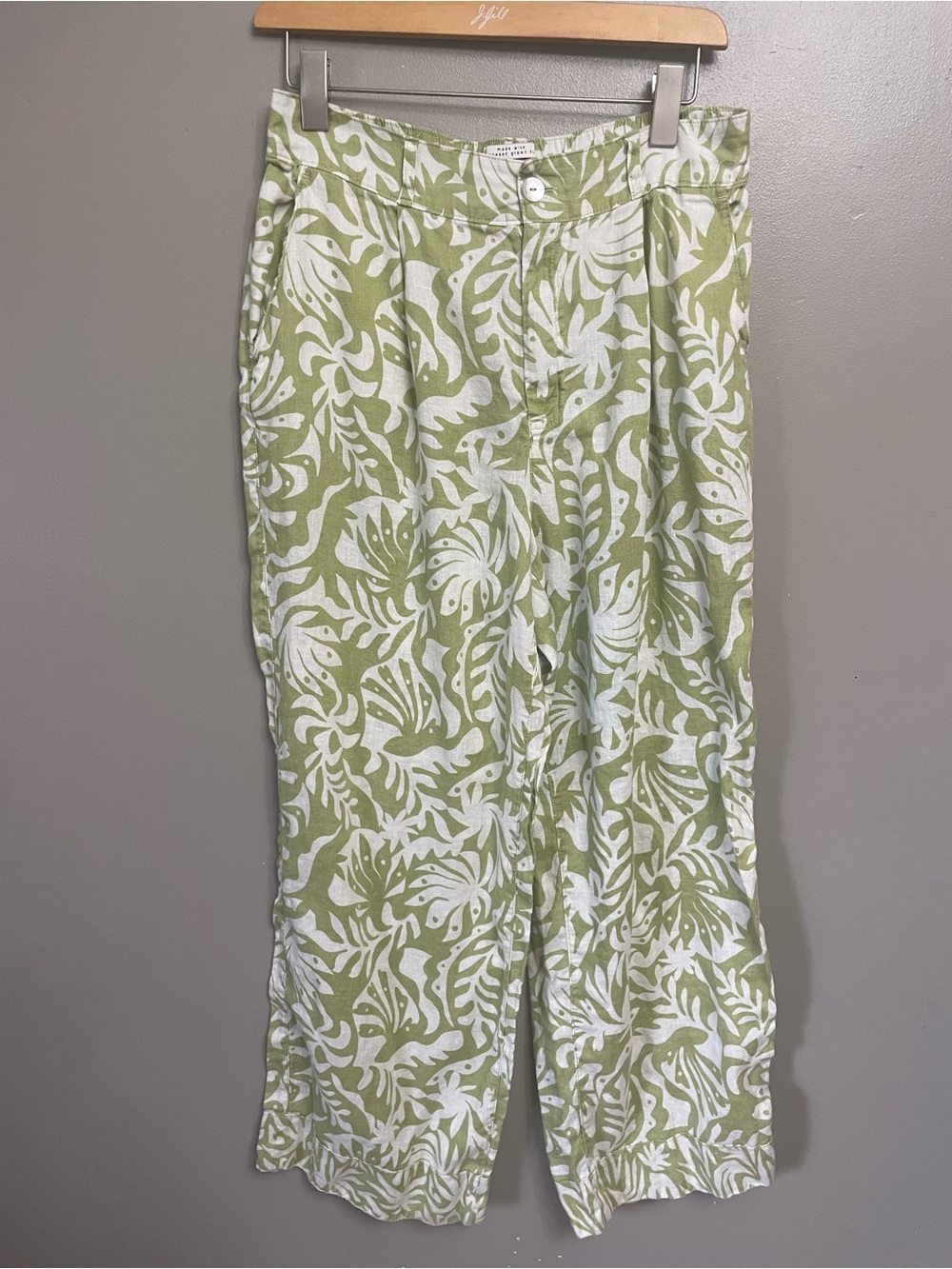 Rachel Zoe Linen Wide Leg Pants Elastic Waist Pockets Green Leafy Print Medium